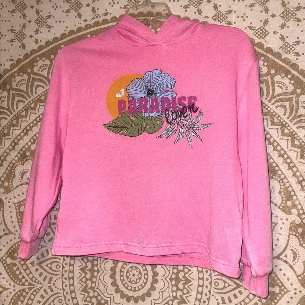 GIRLS “ROXY” PINK LONG SLEEVED HOODIE WITH PARADISE GRAPHIC ON THE FRONT, SIZE 8 - Picture 2 of 4